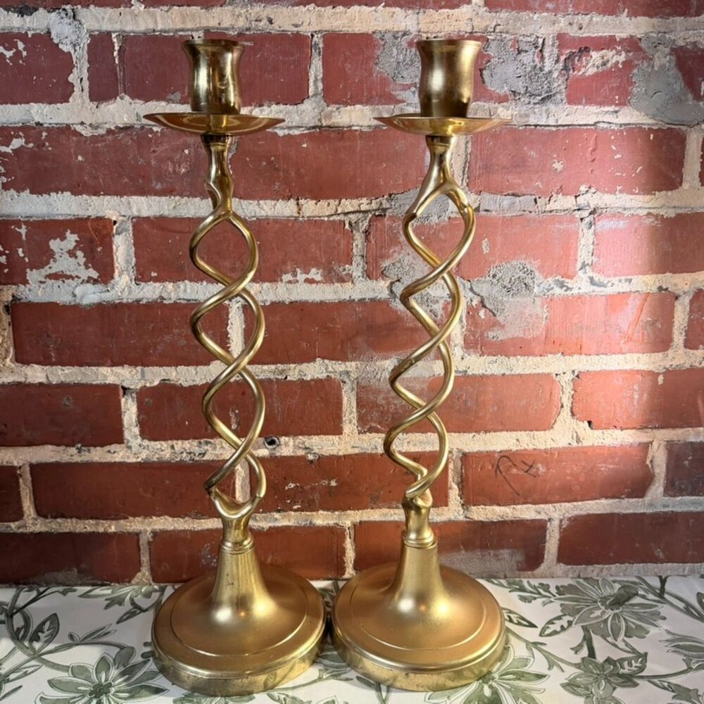 Set of Two (2) Antique Gold Brass Open Barley Twist Candleholders